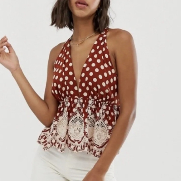 Free People Tops - Free People Lunch Date Rust Polka Dot Adjustable Boho Halter Top, Babydoll M EUC
